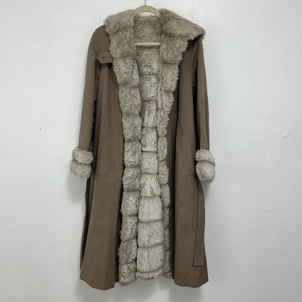 VTG 60s 70s Montgomery Ward Tan Penny Lane Trench Coat Size 10 /M Faux Fur Lined